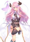 :q belt black_gloves black_legwear blue_eyes boots braid breasts bug butterfly demon_horns draph elbow_gloves fingerless_gloves gloves granblue_fantasy hair_ornament hair_over_one_eye hajime_kaname hand_on_own_chest highres horns insect long_hair medium_breasts mismatched_gloves narmaya_(granblue_fantasy) pink_hair pointy_ears sideboob single_braid single_thighhigh smile solo standing standing_on_one_leg thigh_boots thigh_strap thighhighs tongue tongue_out very_long_hair 