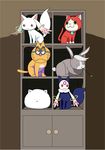  :3 akamaru_(youkai_watch) angora_rabbit bunny cat commentary_request crossover esper_nyanko flat_color gochuumon_wa_usagi_desu_ka? jibanyan juubey_(kazumi_magica) kyubey mahou_shoujo_kazumi_magica mahou_shoujo_madoka_magica mouth_hold multiple_crossover no_humans osomatsu-san pink_eyes shelf tippy_(gochiusa) wild_geese youkai_watch 