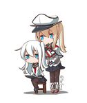  adjusting_hair anchor_symbol black_skirt blonde_hair blue_eyes blush_stickers closed_mouth commentary_request flat_cap graf_zeppelin_(kantai_collection) hat hat_removed headwear_removed hibiki_(kantai_collection) kantai_collection long_hair long_sleeves miniskirt mouth_hold multiple_girls neckerchief pantyhose peaked_cap pleated_skirt school_uniform serafuku silver_hair sitting skirt smile twintails twitter_username yaosera 