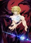  blonde_hair eunom male_focus metal_wings red_background saint_seiya shirtless solo wyrven_rhadamanthys yellow_eyes 