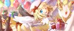  ;d animal artist_name bad_id bad_pixiv_id balloon beak beret bird black_footwear blonde_hair blue_eyes boots bow crown from_side gauntlets gift hat hat_bow looking_at_viewer maaru_(shironeko_project) one_eye_closed open_mouth red_bow red_eyes red_ribbon red_skirt ribbon rukotan shironeko_project short_hair short_sleeves skirt smile solo thigh_boots thighhighs white_wings wings 