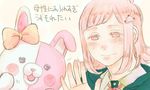  bangs blush bow danganronpa hair_ornament hood hoodie looking_at_viewer minarei monomi_(danganronpa) nanami_chiaki pink_eyes pink_hair short_hair smile super_danganronpa_2 