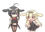  :d ahoge alternate_costume black_gloves black_hair black_ribbon blonde_hair blue_eyes bunny_girl bunny_tail closed_mouth commentary fang fingerless_gloves gloves hair_flaps hair_ornament hair_ribbon hairclip jako_(jakoo21) kantai_collection long_hair multiple_girls navel open_mouth pantyhose red_eyes red_ribbon remodel_(kantai_collection) ribbon shigure_(kantai_collection) short_sleeves sleeveless smile tail yuudachi_(kantai_collection) 