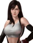  breasts brown_eyes elbow_gloves final_fantasy final_fantasy_vii fingerless_gloves gloves highres idnar large_breasts lips long_hair midriff realistic red_eyes solo suspenders tifa_lockhart 