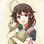  ahoge blue_eyes braid brown_hair close-up fingerless_gloves gloves hair_flaps hair_ornament hair_over_shoulder kantai_collection nutsiqu object_hug open_mouth remodel_(kantai_collection) shigure_(kantai_collection) single_braid smile solo stuffed_animal stuffed_toy teddy_bear upper_body 