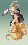  ass bike_shorts blonde_hair breasts cleavage floating_hair guchico gundam gundam_tekketsu_no_orphans kudelia_aina_bernstein long_hair looking_at_viewer medium_breasts midriff open_mouth ponytail purple_eyes solo spacesuit tank_top undressing upside-down very_long_hair 