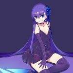  blue_eyes chan_co choker dress elbow_gloves fate/extra fate/extra_ccc fate/grand_order fate_(series) flower gloves grin hair_flower hair_ornament jewelry long_hair meltlilith purple_hair simple_background single_earring sitting smile solo thighhighs very_long_hair 