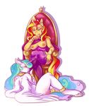  2015 anthro anthrofied areola aries84 blush breasts clothing duo equestria_girls equine eyes_closed female female/female friendship_is_magic hair holding horn legwear licking long_hair mammal multicolored_hair my_little_pony nipple_piercing nipples piercing princess_celestia_(mlp) simple_background sitting sunset_shimmer_(eg) throne tongue tongue_out two_tone_hair unicorn white_background winged_unicorn wings 