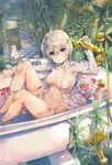  ahoge anastasia_(idolmaster) bangs bathing bathtub blue_eyes breasts chair checkered checkered_floor claw_foot_bathtub collared_shirt door dress_shirt dutch_angle faucet from_side hair_between_eyes highres idolmaster idolmaster_cinderella_girls knees_up leaf light_rays long_sleeves looking_at_viewer looking_to_the_side medium_breasts nature navel no_bra no_pants open_clothes open_shirt panties partially_submerged petals plant see-through shirt short_hair shower_head silver_hair sitting skirt skirt_removed smile solo stained_glass sunbeam sunlight tetsujin_momoko tree underwear water wet wet_clothes wet_shirt white_panties white_shirt 