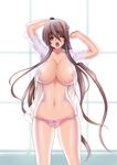 areola_slip areolae arms_up braid breasts covered_nipples highres hori_hiroaki huge_breasts long_hair navel nightgown no_pants open_mouth original panties solo standing tears underwear very_long_hair yawning 