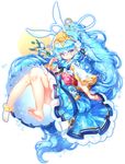  absurdres animal_ears anklet bad_id bad_pixiv_id barefoot blue_dress blue_eyes blue_hair bracelet bunny_ears dress eating food gem hair_ornament highres jewelry knees_together_feet_apart legs long_hair original poseich ring solo unleashed very_long_hair 