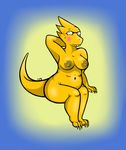  alphys areola blush breasts chubby deathlyinnocent dinosaur eyewear female glasses lizard nipples overweight pussy reptile scalie solo video-games 