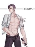  abs black_hair copyright_name cowboy_shot danial dog_tags gangsta hand_in_pants holding holding_sword holding_weapon male_focus muscle nicolas_brown open_clothes open_shirt shirt shirtless sleeves_rolled_up solo sword weapon 