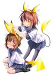  bad_id bad_pixiv_id blush brown_eyes brown_hair commentary cosplay folded_ponytail frown gen_1_pokemon hair_ornament hairclip ikazuchi_(kantai_collection) inazuma_(kantai_collection) kantai_collection kneehighs magenta_(atyana) multiple_girls pantyhose pikachu pikachu_(cosplay) pikachu_ears pikachu_tail pokemon pokemon_(creature) pokemon_ears pun raichu raichu_(cosplay) school_uniform serafuku short_hair sitting sleeves_pushed_up smile standing tail tongue tongue_out wariza 