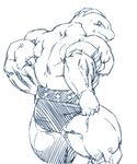  blush clothing kuroma0227 looking_at_viewer machoke male muscular nintendo pants pants_pull pok&eacute;mon simple_background solo video_games white_background 