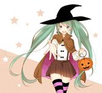  aqua_hair blue_eyes cape cloak cowboy_shot halloween hat hatsune_miku long_hair looking_at_viewer open_mouth otototo outstretched_arm outstretched_hand pumpkin simple_background skirt smile solo star striped striped_legwear suspenders thighhighs twintails two-tone_background very_long_hair vocaloid witch_hat zettai_ryouiki 