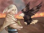  arslan arslan_senki bald_eagle bird blue_eyes cape danial eagle falconry from_side gloves green_gloves looking_at_viewer male_focus ponytail upper_body white_hair 