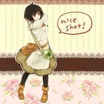  :d bag black_hair black_legwear blush_stickers boots brown_eyes dress english fire_emblem fire_emblem:_akatsuki_no_megami floral_background flower jewelry laura_(fire_emblem) long_sleeves necklace open_mouth pantyhose short_hair smile solo staff swing yukaris 