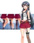  :d agano_(kantai_collection) anchor_symbol asymmetrical_legwear bare_shoulders belt black_hair breasts brown_legwear building cleavage collarbone garter_straps gloves green_eyes hammerman_benkei holding horizon kantai_collection large_breasts legs long_hair lower_body miniskirt navel notebook ocean open_mouth pleated_skirt red_skirt school_uniform serafuku shirt sidelocks single_thighhigh skirt sleeveless sleeveless_shirt smile solo standing stomach thighhighs very_long_hair water white_gloves white_shirt 