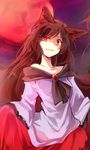  animal_ears brooch brown_hair collarbone full_moon imaizumi_kagerou jewelry kutsuki_kai long_hair long_sleeves looking_at_viewer moon red_eyes red_moon shaded_face sky solo touhou uneven_eyes very_long_hair wide_sleeves wolf_ears 