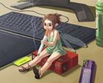  bottle brown_eyes brown_hair chemise cigarette cigarette_box fairy highres insect_wings keyboard_(computer) lighter minigirl nishimura_(prism_engine) original pointy_ears ponytail sandals short_hair smoking solo tablet wacom wings 