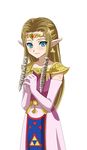  asatsuki_(fgfff) blue_eyes brown_hair dress earrings elbow_gloves gloves hands_together highres jewelry long_hair pointy_ears princess_zelda simple_background smile solo the_legend_of_zelda the_legend_of_zelda:_twilight_princess tiara white_background 