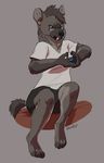  annoyed anthro bed black_fur blue_eyes clothed clothing controller ear_piercing eyewear fangs female fur gaming glasses grey_fur hyena mammal on_bed piercing shirt shorts simple_background solo thrushes 