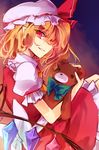  blonde_hair bow dress flandre_scarlet hat hat_ribbon kutsuki_kai looking_at_viewer mob_cap pointy_ears puffy_short_sleeves puffy_sleeves red_dress red_eyes ribbon sash shaded_face shirt short_sleeves sitting solo stuffed_animal stuffed_toy teddy_bear touhou wings 