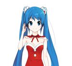  bad_id bad_twitter_id blue_eyes blue_hair bow christmas domo1220 hatsune_miku headphones long_hair scrunchie smile solo strapless twintails very_long_hair vocaloid white_background 
