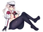  :t absurdres arm_support ass black_legwear blonde_hair breasts cameltoe glasses gloves graf_zeppelin_(kantai_collection) grey_eyes hat highres jacket kantai_collection large_breasts legs miniskirt necktie open_clothes osiimi pantyhose peaked_cap sitting skirt solo thighs twintails 
