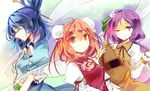  biwa_lute blue_dress blue_hair brown_dress bun_cover closed_eyes double_bun dress hair_bun hair_ornament hair_rings hair_stick ibaraki_kasen instrument kaku_seiga kutsuki_kai low_twintails lute_(instrument) multiple_girls one_eye_closed purple_eyes purple_hair red_eyes red_hair smile tabard touhou tsukumo_benben twintails 