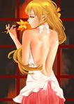 back backless_dress backless_outfit bare_back bare_shoulders blonde_hair dress flower from_behind holding holding_flower ichigo_milku kiss-shot_acerola-orion_heart-under-blade long_hair looking_at_viewer looking_back monogatari_(series) oshino_shinobu profile solo yellow_eyes 