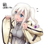  blue_eyes commentary_request dressing kantai_collection kayano_ai kimura_shuuichi long_hair military military_uniform navel ro-500_(kantai_collection) seiyuu_connection silver_hair twintails uniform 