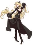  black_pants blonde_hair blue_eyes breasts cleavage full_body fur_trim hair_ornament hair_over_one_eye high_heels highres large_breasts long_hair pants pokemon shirona_(pokemon) solo standing torimeiro very_long_hair white_background 