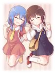  :d ^_^ backpack bag black_hair blue_hair cat_hair_ornament closed_eyes dress eyebrows funami_mari furutani_kaede hair_ornament handbag holding_hands hood hoodie jumping low_twintails multiple_girls necktie open_mouth red_footwear shoes short_twintails smile socks thick_eyebrows tokunaga_(gokaku_kansuu) twintails white_legwear yellow_footwear yuru_yuri 