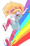  blonde_hair blush_stickers boots dress hairband heart_cheeks horned_headwear jewelry long_hair nanika_(nnkgh) necklace pantyhose purple_eyes rainbow simple_background smile solo star_butterfly star_vs_the_forces_of_evil striped striped_legwear wand white_background 