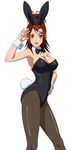  animal_ears armpits bachou_mouki bare_shoulders black_legwear breasts brown_hair bunny_ears bunnysuit cleavage hair_ornament hair_scrunchie hand_on_hip high_ponytail highres ikkitousen large_breasts leotard looking_at_viewer open_mouth pantyhose scrunchie sideboob simple_background solo strapless strapless_leotard white_background yellow_eyes 