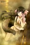  absurdres animal_ears bathing breasts brown_hair highres holding holding_towel looking_at_viewer medium_breasts megami nude official_art partially_submerged pink_eyes pink_ribbon pink_towel ribbon rurutie_(utawareru_mono) solo steam tail tail_censor towel utawareru_mono utawareru_mono:_itsuwari_no_kamen watanabe_yaeko 