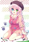  :d anklet apron bad_id bad_pixiv_id barefoot bell beret blue_eyes breasts brush clothes_writing dirty_feet fang full_body green_eyes hat heterochromia jewelry k_(anime) long_hair medium_breasts neko_(k) open_mouth paint paint_on_clothes paint_on_face paw_print pink_apron pink_hair poooka smile solo star very_long_hair 