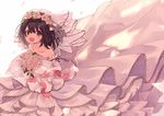  :d bare_shoulders bouquet bridal_veil bride brown_hair collarbone dress elbow_gloves flower frilled_dress frills gloves haguro_(kantai_collection) hair_flower hair_ornament hairclip holding kantai_collection long_dress looking_at_viewer open_mouth petals pink_flower pink_rose purple_eyes red_ribbon ribbon rose see-through short_hair shugao simple_background smile solo veil white_background white_gloves 