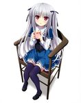  absolute_duo absurdres blue_skirt cup full_body hair_ribbon highres holding holding_cup kouryou_academy_uniform long_hair looking_at_viewer mary_janes mug navy_blue_legwear purple_ribbon red_eyes ribbon shoes silver_hair simple_background sitting skirt solo thighhighs white_background yurie_sigtuna 