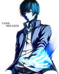  blue blue_eyes blue_fire blue_hair code:breaker copyright_name fire jacket male_focus ogami_rei setsuna215 solo upper_body 