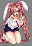  =_= absurdres animal animal_between_breasts animal_ears between_breasts bow bra breast_squeeze breasts brown_hair bunny bunny_ears bunny_tail cleavage fang frilled_bra frills hands_on_own_chest high_heels highres huge_breasts kneeling legs long_hair off_shoulder pencil_skirt red_eyes sasaki_shou shirt skirt solo tail underwear very_long_hair 