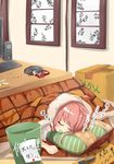  ahoge akaikonomi bad_id bad_nicoseiga_id blush box breast_mousepad brown_hair bucket cardboard_box clenched_hand closed_eyes commentary_request drooling highres i-58_(kantai_collection) indoors kantai_collection keyboard_(computer) kotatsu lying marker mouse_(computer) mousepad mousepad_(object) on_stomach open_mouth ornament pillow pink_hair ryuujou_(kantai_collection) saliva short_hair sleeping solo speaker table translation_request twintails under_kotatsu under_table visor_cap zzz 