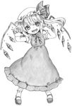  :d claw_pose dress flandre_scarlet full_body gotoh510 greyscale hat hat_ribbon highres mary_janes mob_cap monochrome open_mouth puffy_short_sleeves puffy_sleeves ribbon shoes short_hair short_sleeves side_ponytail smile solo touhou v-shaped_eyebrows wing_collar wings 