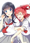  2girls :d ^_^ arm_hug bangs black_hair blue_eyes blunt_bangs blush closed_eyes hair_ornament hairclip kurosawa_dia kurosawa_ruby long_hair love_live! love_live!_sunshine!! multiple_girls neckerchief no_mole open_mouth pleated_skirt red_hair red_neckwear school_uniform serafuku short_sleeves siblings sisters skirt smile twintails uranohoshi_school_uniform 