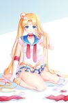  bad_id bad_pixiv_id bishoujo_senshi_sailor_moon blonde_hair blue_eyes blue_sailor_collar choker crescent elbow_gloves facial_mark forehead_mark full_body gloves hair_bun hair_half_undone hair_ornament hairpin kneeling long_hair multicolored multicolored_clothes multicolored_skirt pleated_skirt red_choker red_ribbon ribbon sailor_collar sailor_moon sailor_senshi_uniform shainea side_ponytail signature single_glove skirt solo super_sailor_moon tsukino_usagi very_long_hair white_gloves 