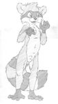  anthro balls barefoot cub cute_fangs front_view greyscale looking_away male mammal mitch_(mizzyam) mizzyam monochrome navel nude open_mouth pencil_(artwork) raccoon sheath smile solo traditional_media_(artwork) young 
