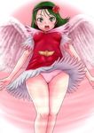  akuma-kun blush dress feathered_wings flower green_eyes green_hair hair_flower hair_ornament headband highres looking_at_viewer mizuki_shigeru nullhachi open_mouth panties pantyshot short_hair solo sweatdrop teeth tongue toriotome_nasuka underwear wings 