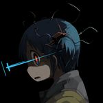  black_background blue_eyes blue_hair cable drooling glowing glowing_eye hair_cubes hair_ornament light_beam looking_at_viewer naganohara_mio nichijou nishimura_(prism_engine) open_mouth profile red_eyes short_hair solo twintails 